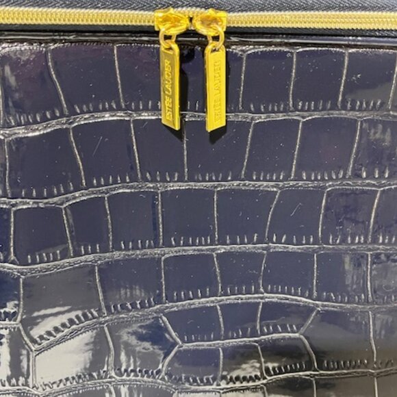 Estee Lauder Navy Blue Faux Crocodile Leather Cosmetic Zip Train Travel Case Bag - Picture 11 of 16